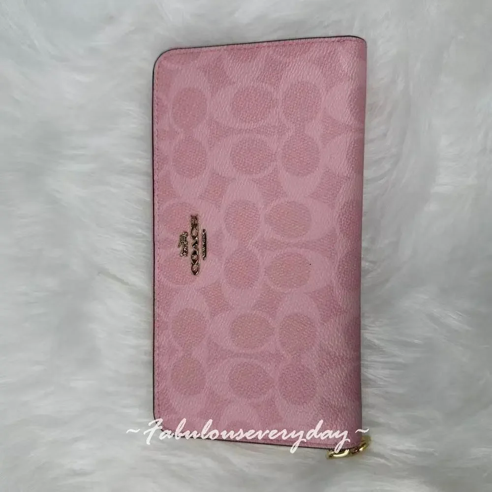 Coach Long Zip Around Wallet in Signature Canvas Gold/Powder Pink CEC20 NWT